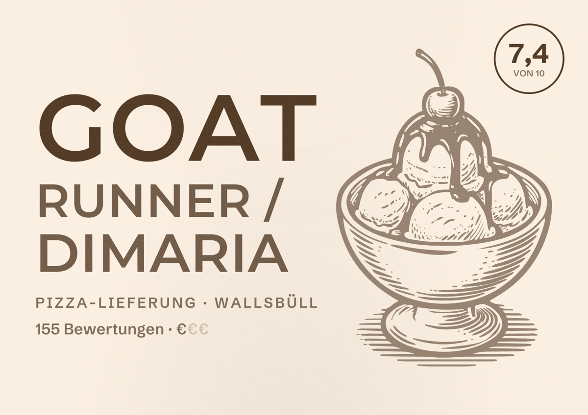 Illustriertes Poster von GOAT Runner / DiMaria, Pizza-Lieferung in Wallsbüll: Bewertung 7,4 von 10 aus 155 Bewertungen, Preisniveau €