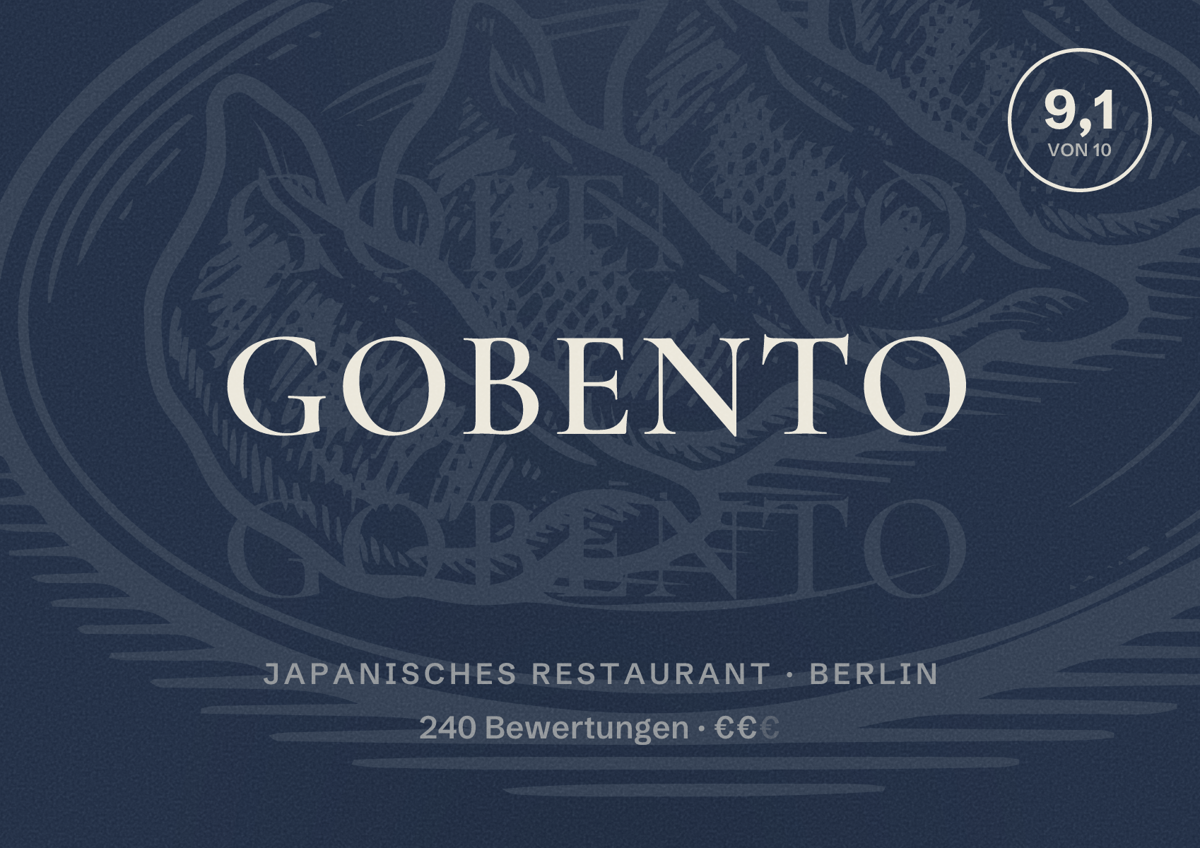 Illustriertes Poster von Gobento, Japanisches Restaurant in Berlin: Bewertung 9,1 von 10 aus 240 Bewertungen, Preisniveau €€