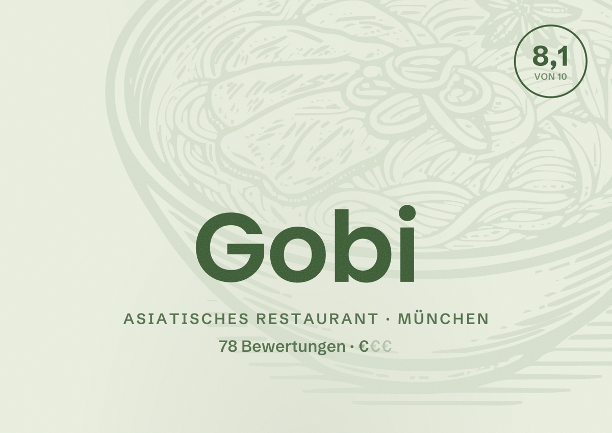 Illustriertes Poster von Gobi, Asiatisches Restaurant in München: Bewertung 8,1 von 10 aus 78 Bewertungen, Preisniveau €