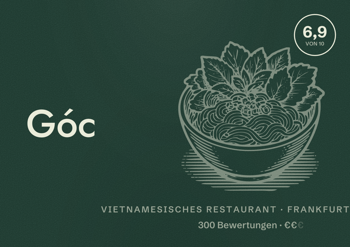 Illustriertes Poster von Góc Phố, Vietnamesisches Restaurant in Frankfurt am Main: Bewertung 6,9 von 10 aus 300 Bewertungen, Preisniveau €€