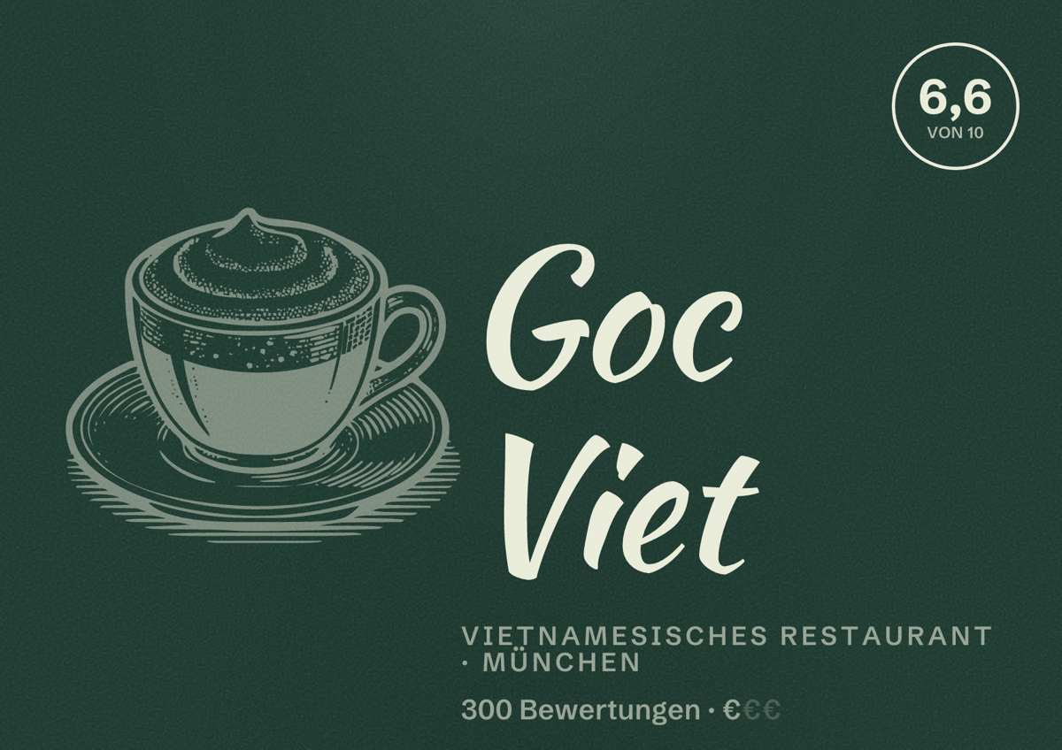 Illustriertes Poster von Goc Viet, Vietnamesisches Restaurant in München: Bewertung 6,6 von 10 aus 300 Bewertungen, Preisniveau €