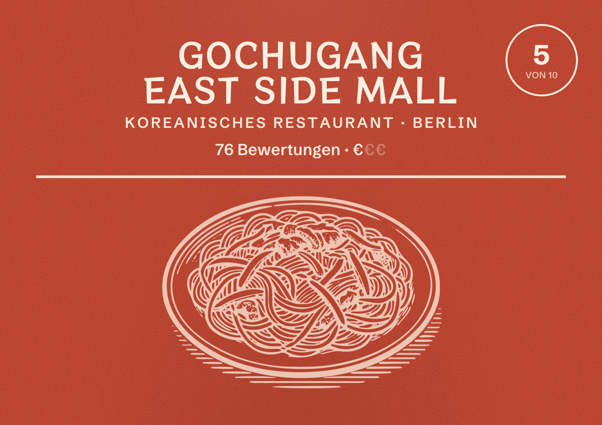 Illustriertes Poster von Gochugang East Side Mall, Koreanisches Restaurant in Berlin: Bewertung 5,0 von 10 aus 76 Bewertungen, Preisniveau €