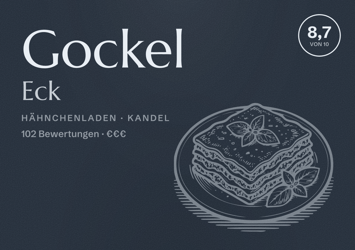 Illustriertes Poster von Gockel Eck, Hähnchenladen in Kandel: Bewertung 8,7 von 10 aus 102 Bewertungen, Preisniveau €€€