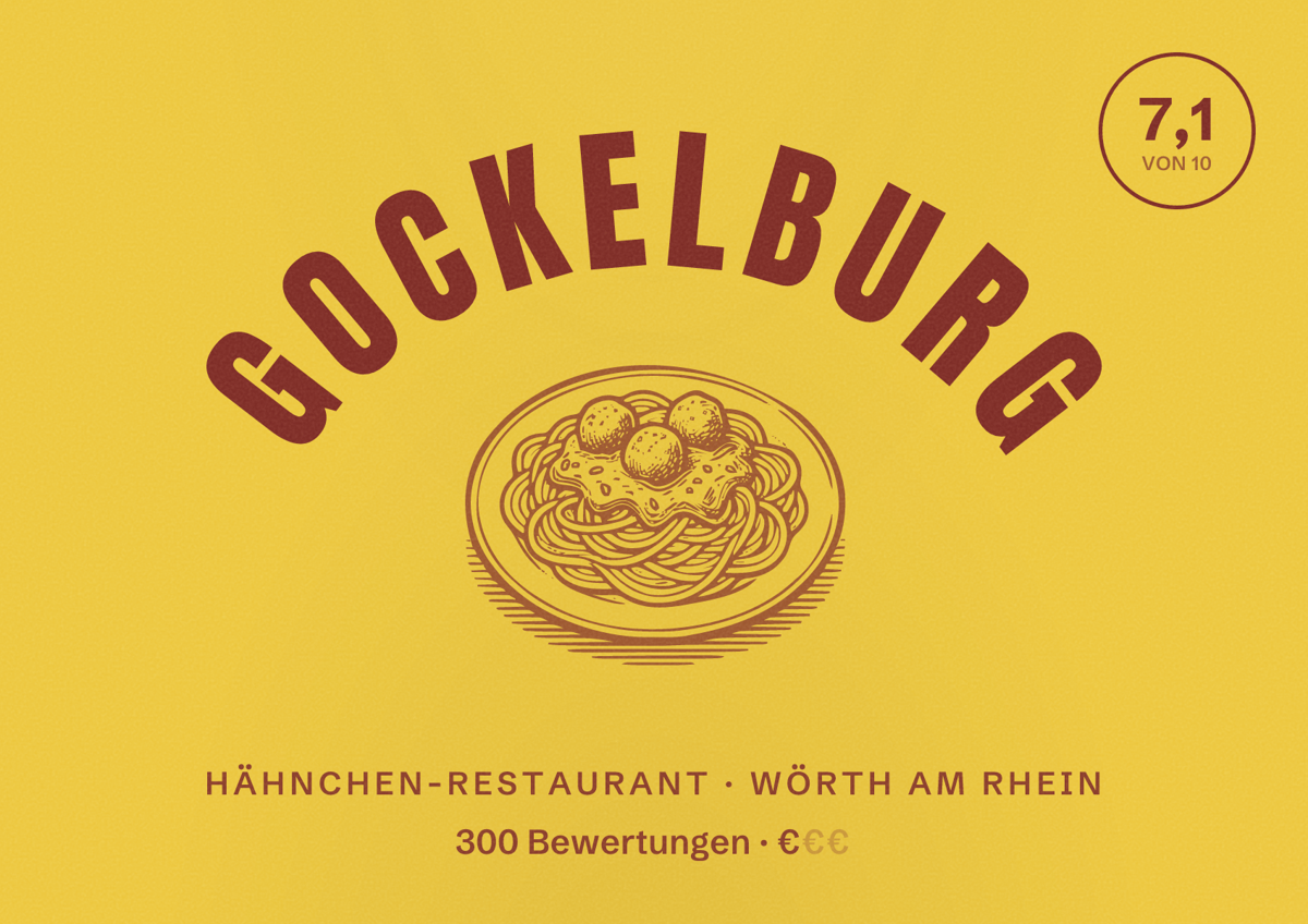 Illustriertes Poster von Gockelburg, Hähnchen-Restaurant in Wörth am Rhein: Bewertung 7,1 von 10 aus 300 Bewertungen, Preisniveau €