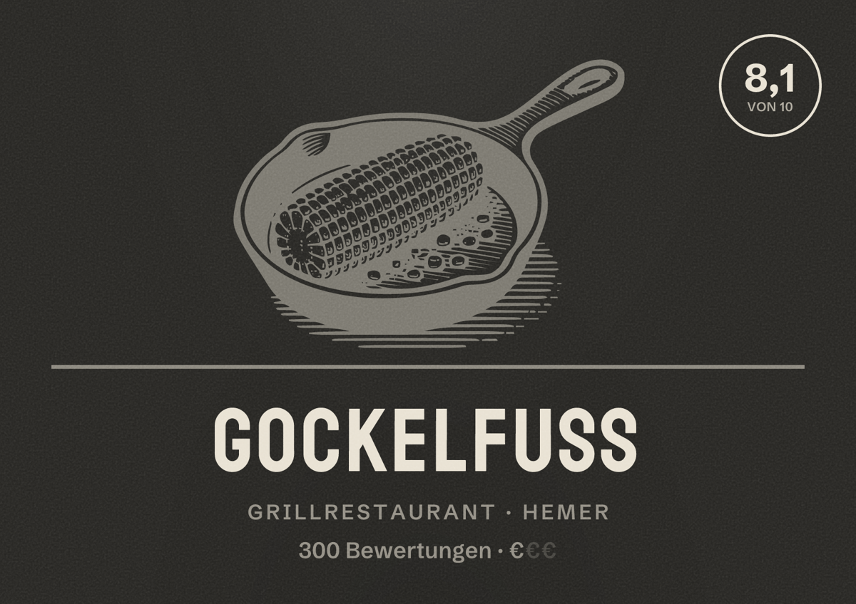 Illustriertes Poster von Gockelfuß, Grillrestaurant in Hemer: Bewertung 8,1 von 10 aus 300 Bewertungen, Preisniveau €