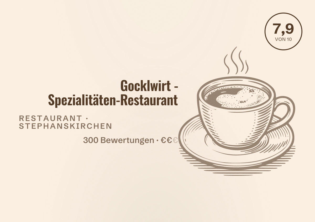 Illustriertes Poster von Gocklwirt - Spezialitäten-Restaurant, Restaurant in Stephanskirchen: Bewertung 7,9 von 10 aus 300 Bewertungen, Preisniveau €€