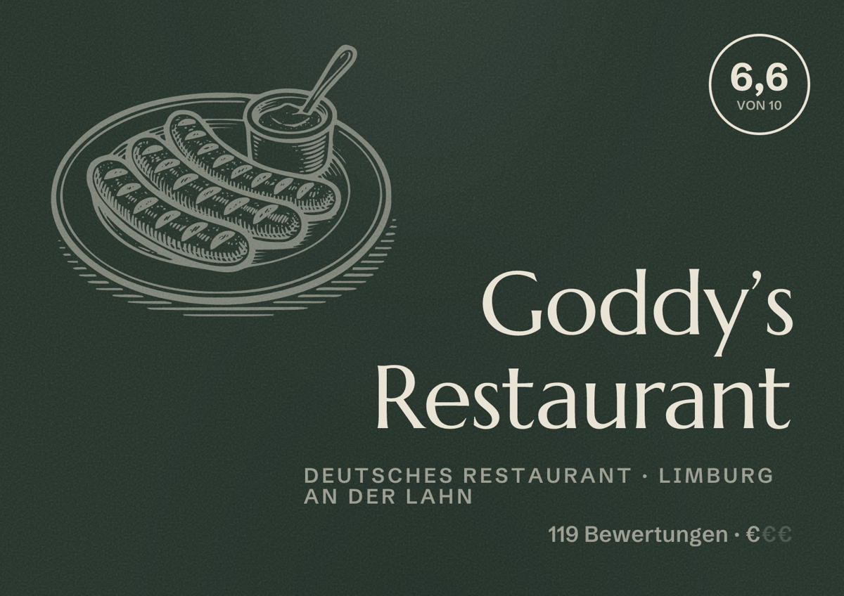 Illustriertes Poster von Goddy’s Restaurant, Deutsches Restaurant in Limburg an der Lahn: Bewertung 6,6 von 10 aus 119 Bewertungen, Preisniveau €