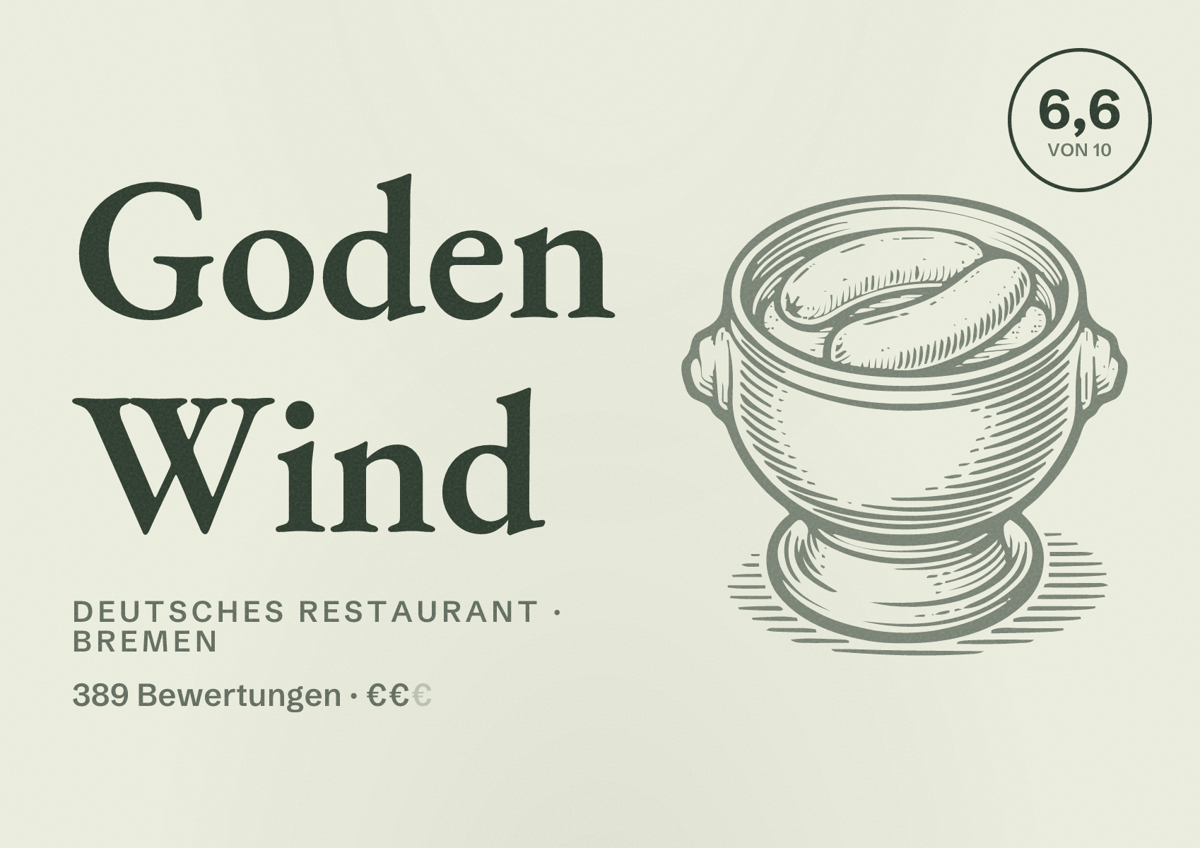 Illustriertes Poster von Goden Wind, Deutsches Restaurant in Bremen: Bewertung 6,6 von 10 aus 389 Bewertungen, Preisniveau €€