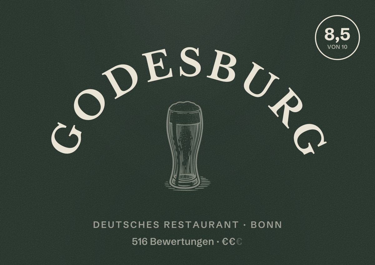 Illustriertes Poster von Godesburg, Deutsches Restaurant in Bonn: Bewertung 8,5 von 10 aus 516 Bewertungen, Preisniveau €€