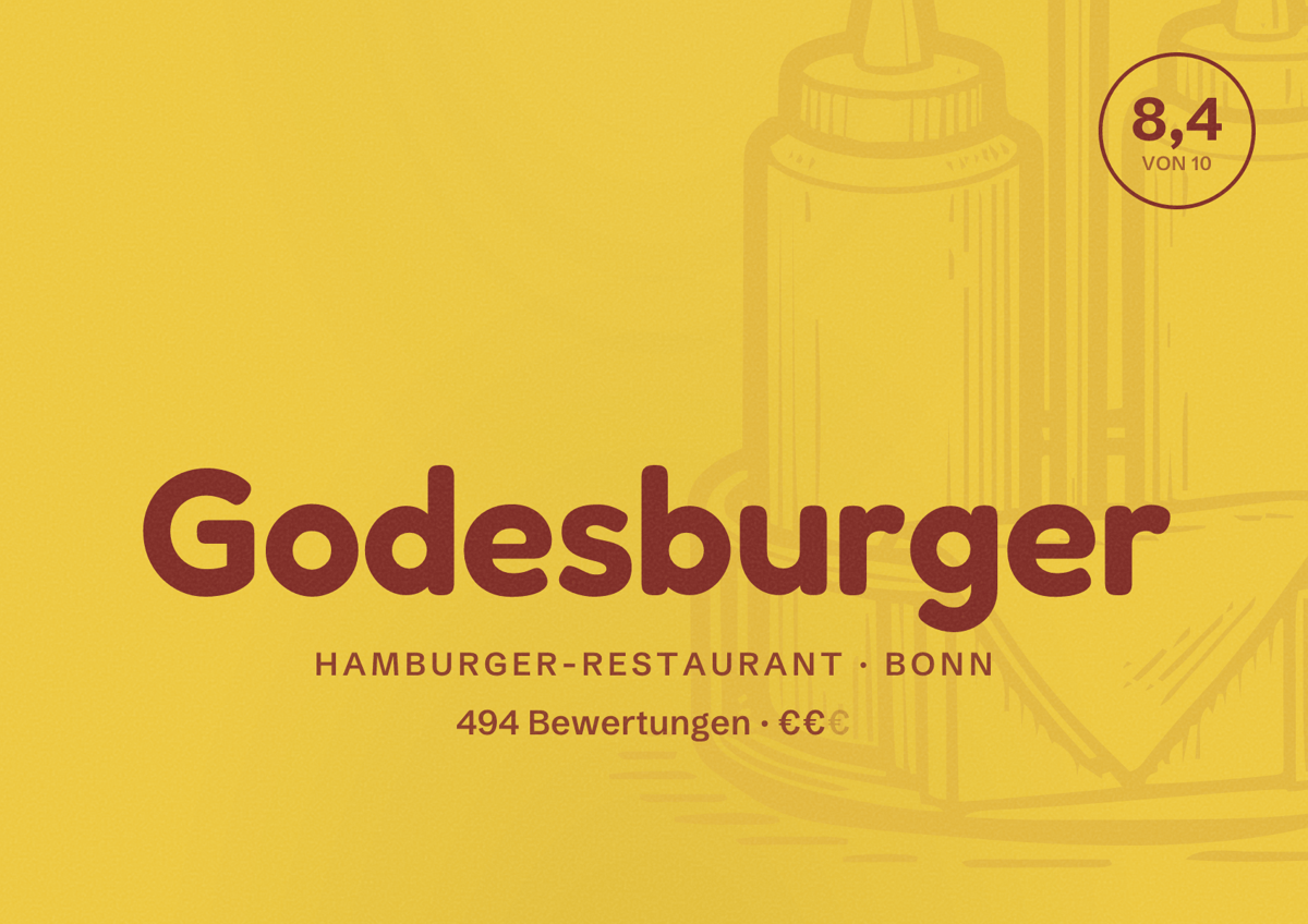 Illustriertes Poster von Godesburger, Hamburger-Restaurant in Bonn: Bewertung 8,4 von 10 aus 494 Bewertungen, Preisniveau €€