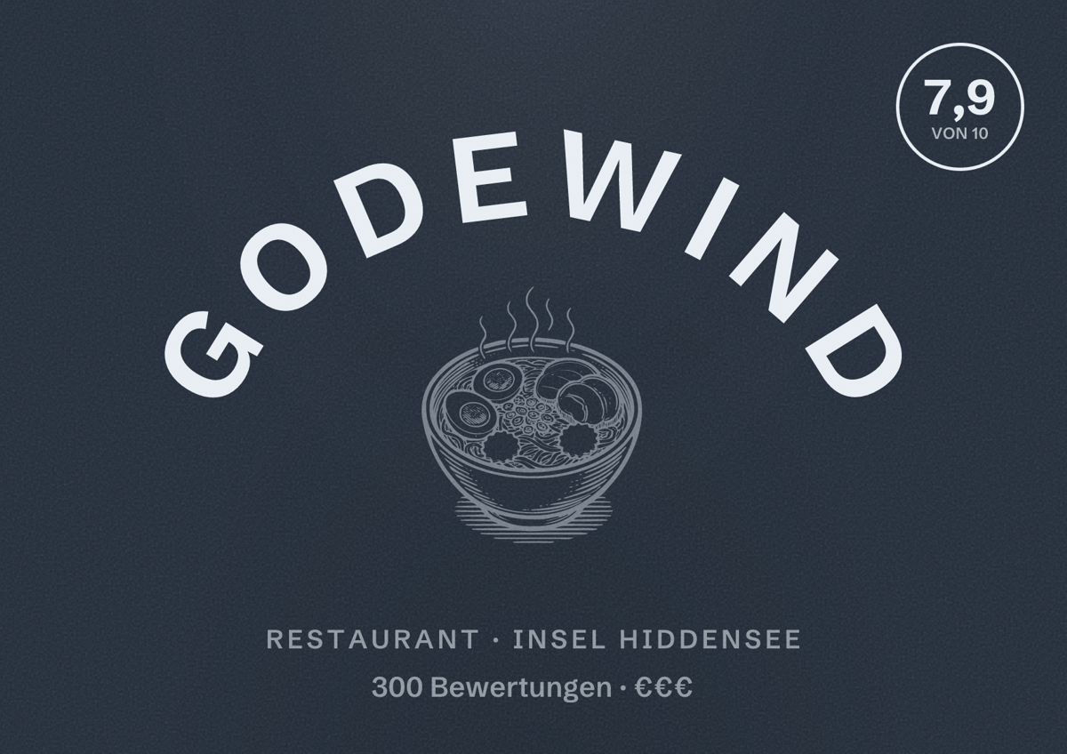 Illustriertes Poster von GODEWIND, Restaurant in Insel Hiddensee: Bewertung 7,9 von 10 aus 300 Bewertungen, Preisniveau €€€