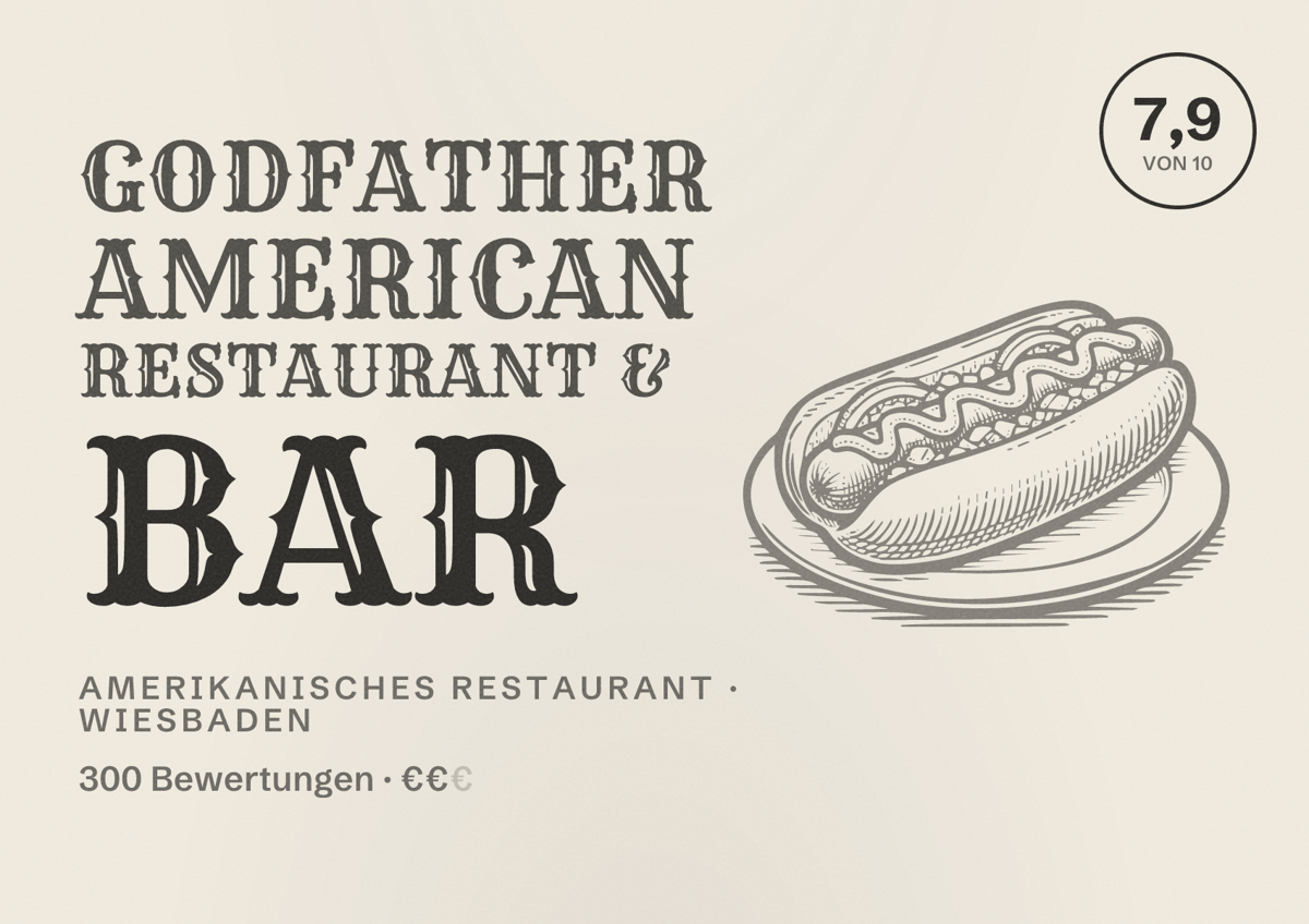 Illustriertes Poster von GODFATHER American Restaurant & Bar, Amerikanisches Restaurant in Wiesbaden: Bewertung 7,9 von 10 aus 300 Bewertungen, Preisniveau €€