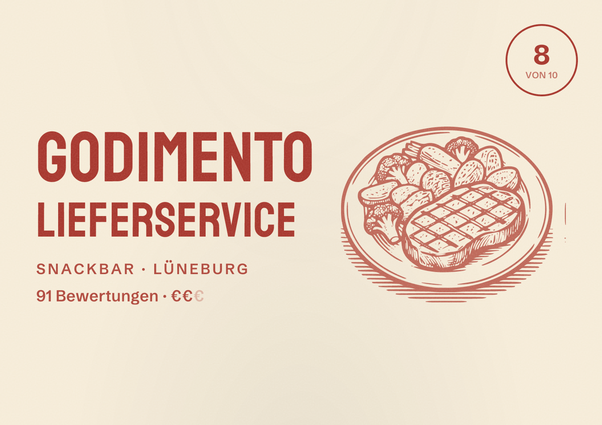 Illustriertes Poster von Godimento Lieferservice, Snackbar in Lüneburg: Bewertung 8 von 10 aus 91 Bewertungen, Preisniveau €€
