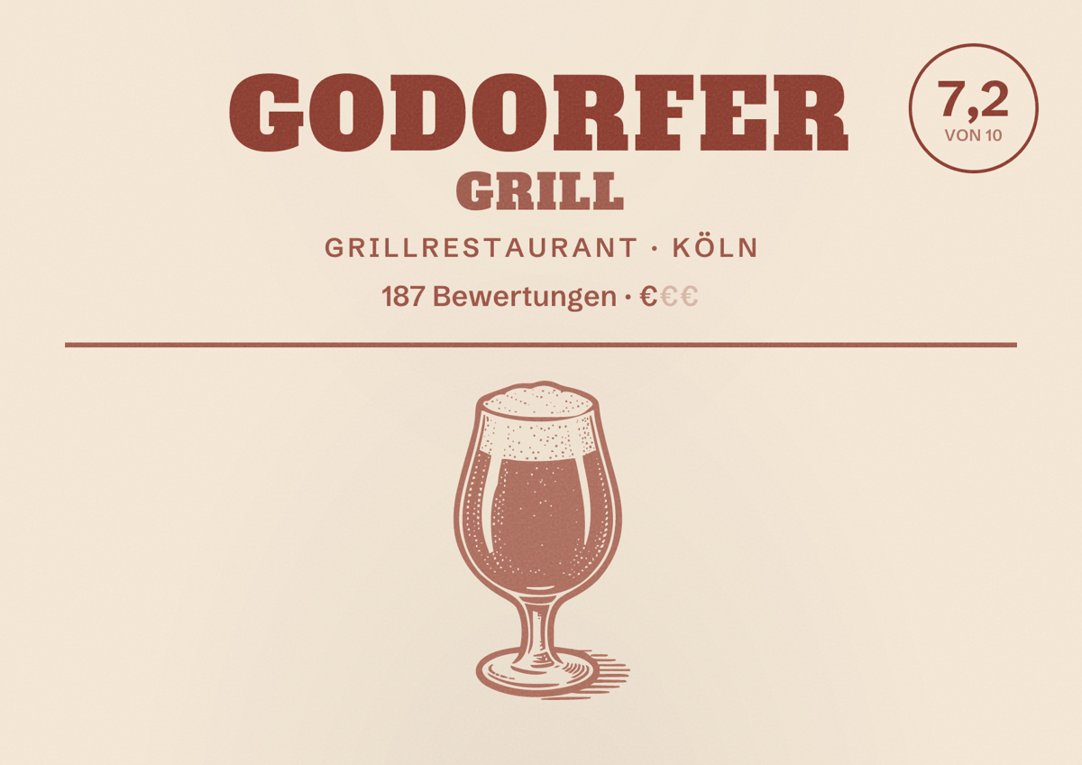 Illustriertes Poster von Godorfer Grill, Grillrestaurant in Köln: Bewertung 7,2 von 10 aus 187 Bewertungen, Preisniveau €