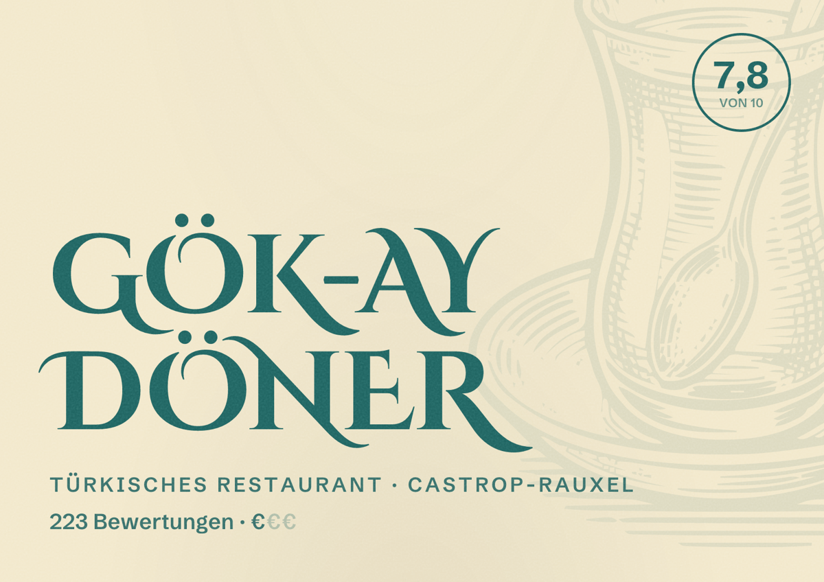 Illustriertes Poster von GÖK-AY DÖNER, Türkisches Restaurant in Castrop-Rauxel: Bewertung 7,8 von 10 aus 223 Bewertungen, Preisniveau €