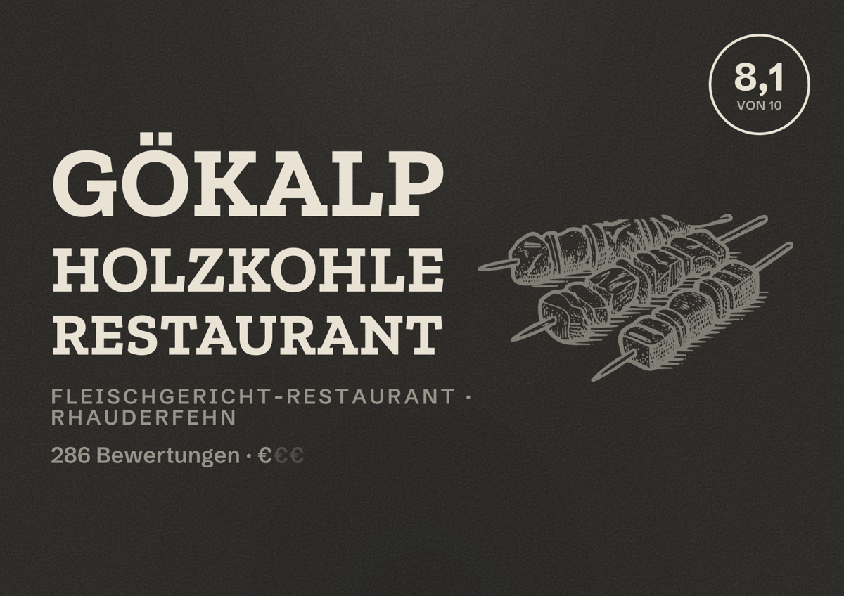 Illustriertes Poster von Gökalp Holzkohle Restaurant, Fleischgericht-Restaurant in Rhauderfehn: Bewertung 8,1 von 10 aus 286 Bewertungen, Preisniveau €