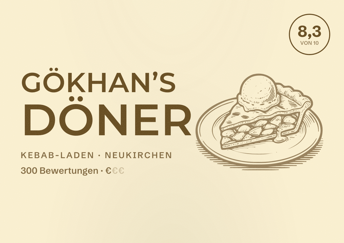 Illustriertes Poster von Gökhan’s Döner, Kebab-Laden in Neukirchen: Bewertung 8,3 von 10 aus 300 Bewertungen, Preisniveau €
