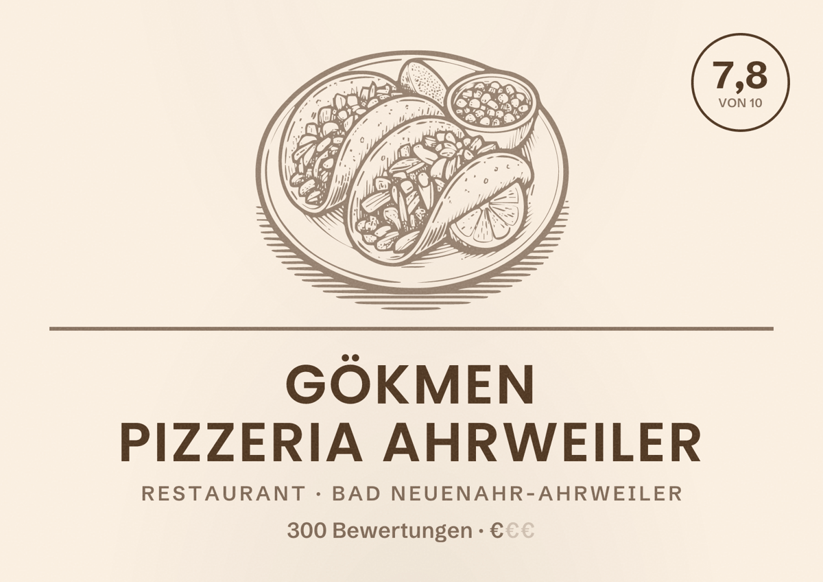 Illustriertes Poster von Gökmen Pizzeria Ahrweiler, Restaurant in Bad Neuenahr-Ahrweiler: Bewertung 7,8 von 10 aus 300 Bewertungen, Preisniveau €