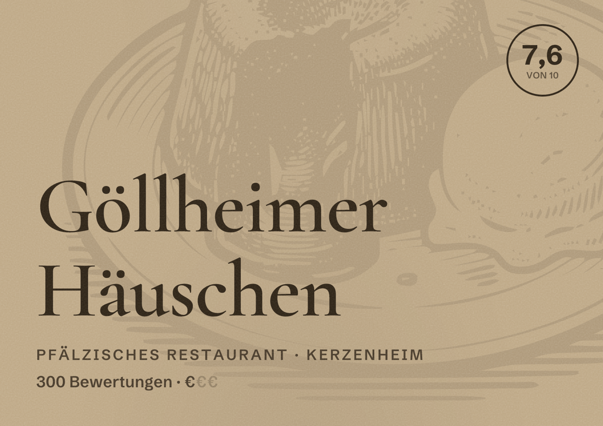 Illustriertes Poster von Göllheimer Häuschen, Pfälzisches Restaurant in Kerzenheim: Bewertung 7,6 von 10 aus 300 Bewertungen, Preisniveau €