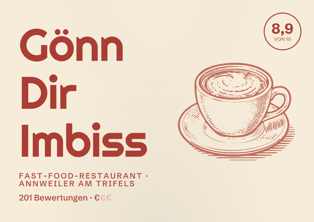 Illustriertes Poster von Gönn Dir Imbiss, Fast-Food-Restaurant in Annweiler am Trifels: Bewertung 8,9 von 10 aus 201 Bewertungen, Preisniveau €