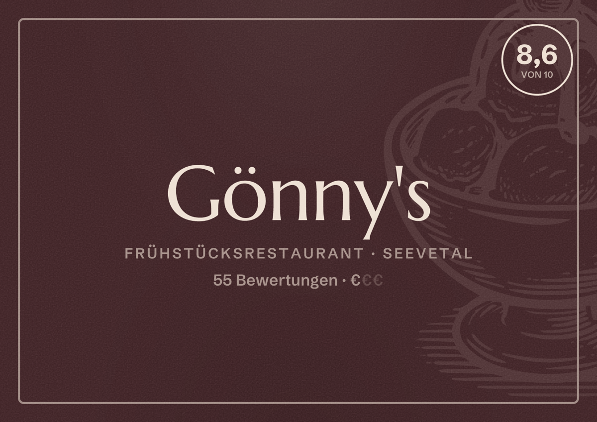 Illustriertes Poster von Gönny's, Frühstücksrestaurant in Seevetal: Bewertung 8,6 von 10 aus 55 Bewertungen, Preisniveau €