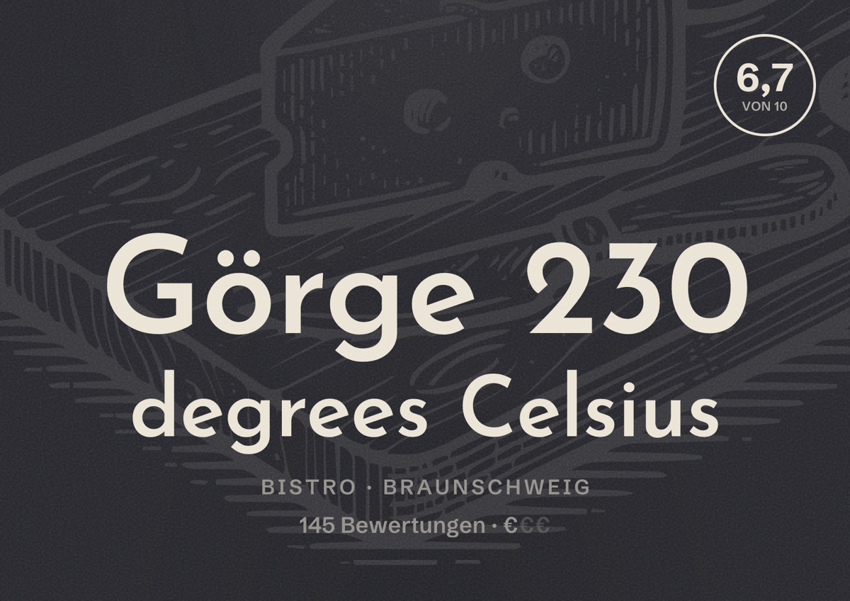 Illustriertes Poster von Görge 230 degrees Celsius, Bistro in Braunschweig: Bewertung 6,7 von 10 aus 145 Bewertungen, Preisniveau €