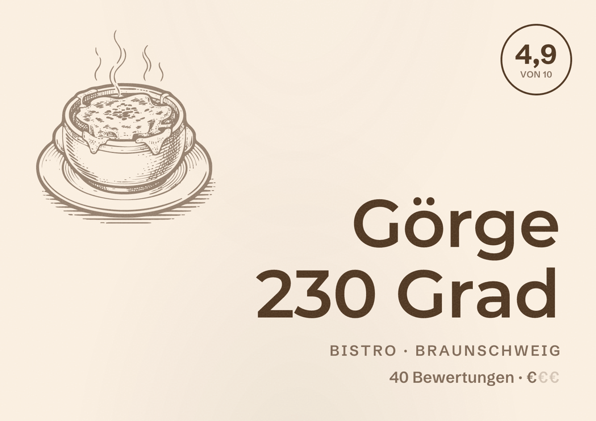 Illustriertes Poster von Görge 230 Grad, Bistro in Braunschweig: Bewertung 4,9 von 10 aus 40 Bewertungen, Preisniveau €