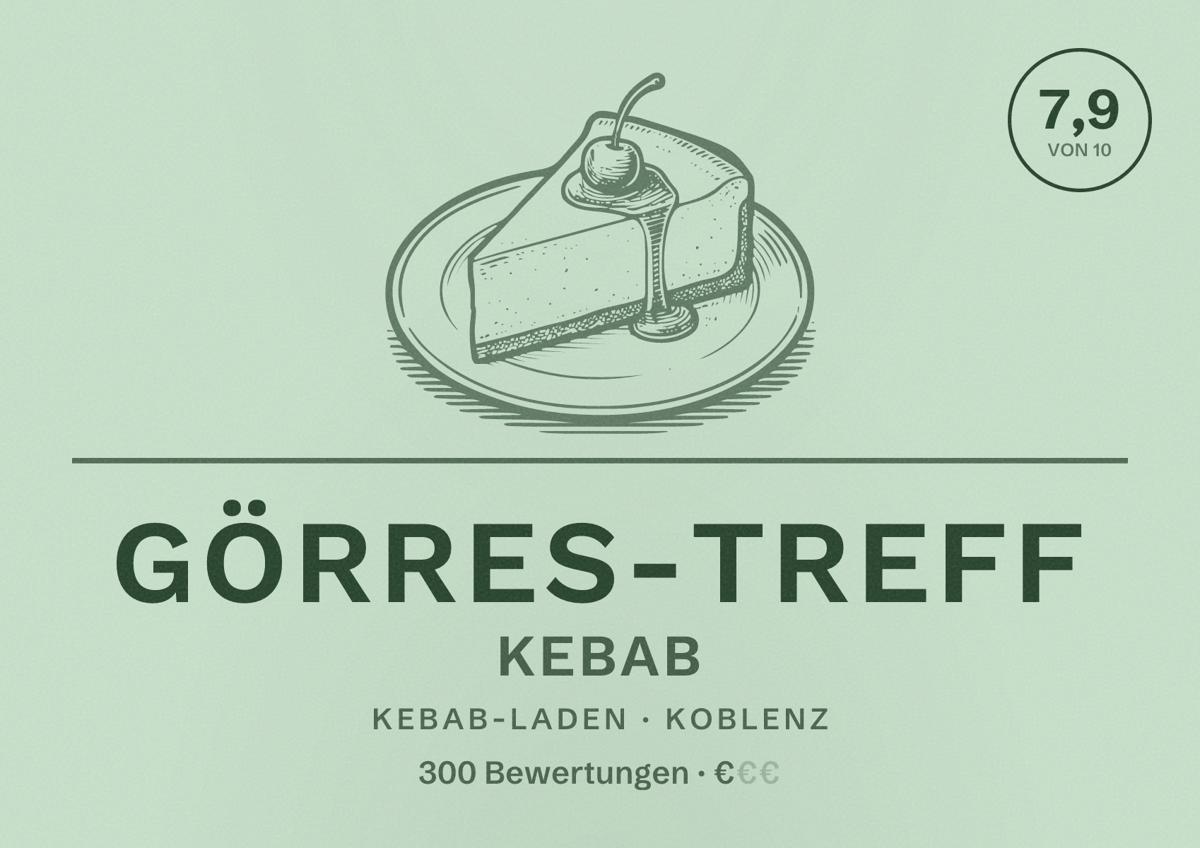 Illustriertes Poster von Görres-Treff Kebab, Kebab-Laden in Koblenz: Bewertung 7,9 von 10 aus 300 Bewertungen, Preisniveau €