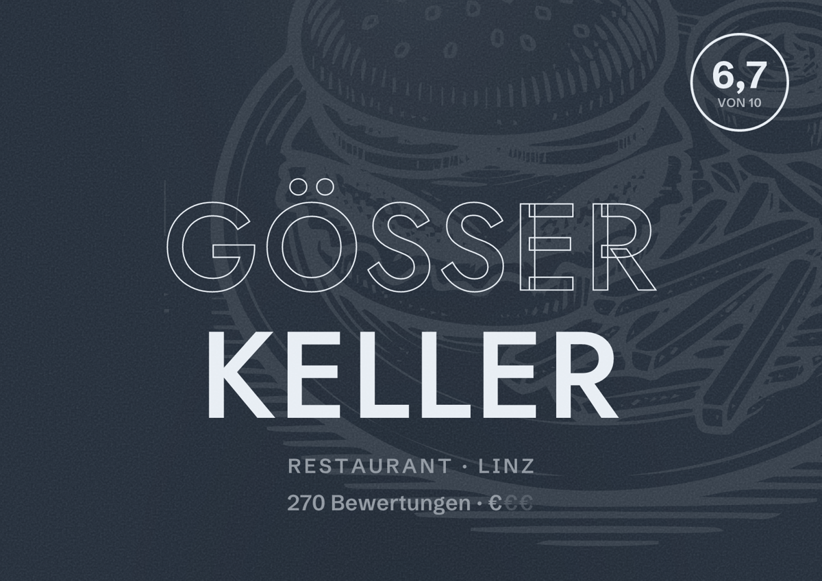 Illustriertes Poster von Gösser Keller, Restaurant in Linz: Bewertung 6,7 von 10 aus 270 Bewertungen, Preisniveau €
