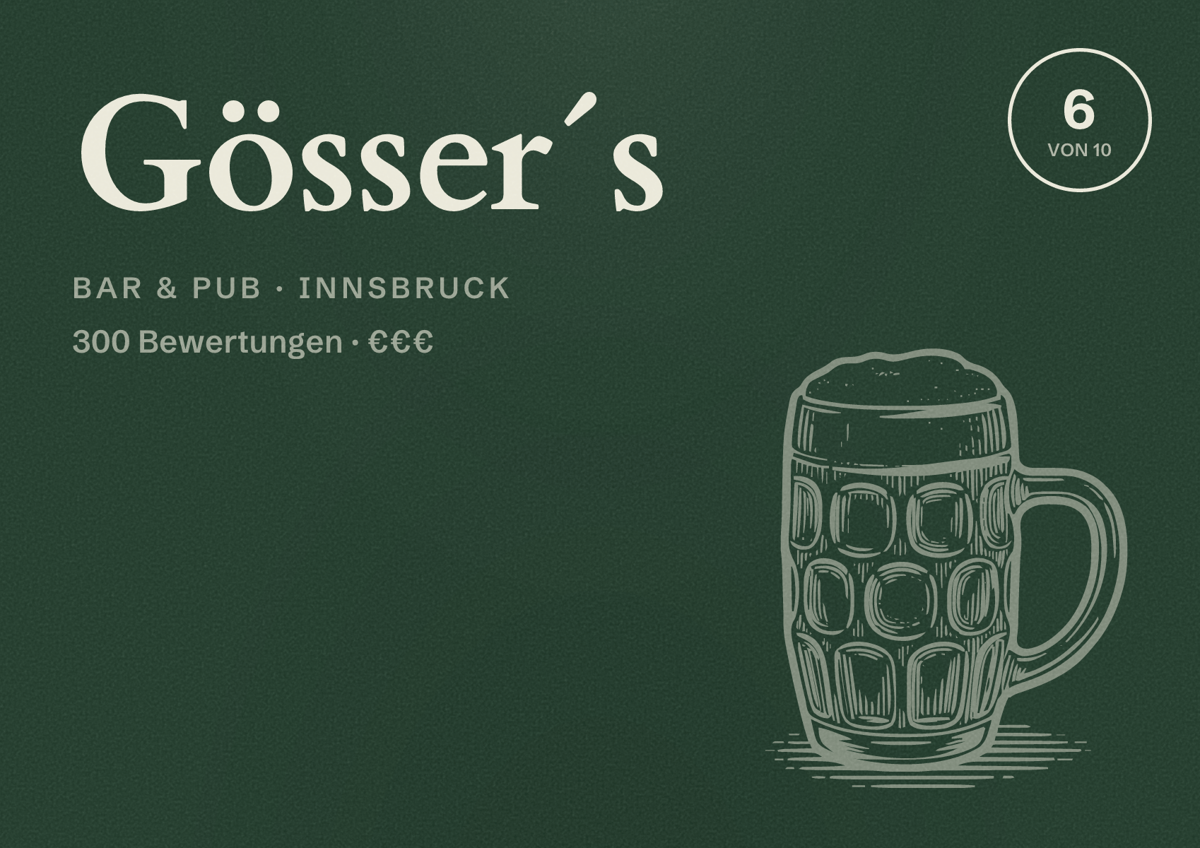 Illustriertes Poster von Gösser´s, Bar & Pub in Innsbruck: Bewertung 6 von 10 aus 300 Bewertungen, Preisniveau €€€