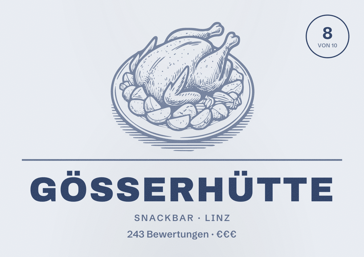 Illustriertes Poster von Gösserhütte, Snackbar in Linz: Bewertung 8 von 10 aus 243 Bewertungen, Preisniveau €€€