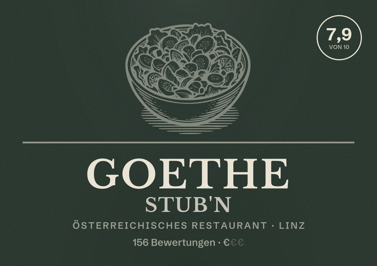 Illustriertes Poster von Goethe Stub'n, Österreichisches Restaurant in Linz: Bewertung 7,9 von 10 aus 156 Bewertungen, Preisniveau €