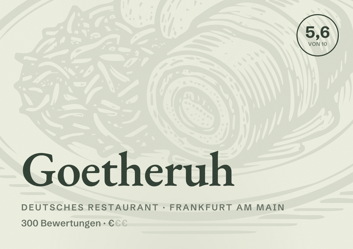 Illustriertes Poster von Goetheruh, Deutsches Restaurant in Frankfurt am Main: Bewertung 5,6 von 10 aus 300 Bewertungen, Preisniveau €