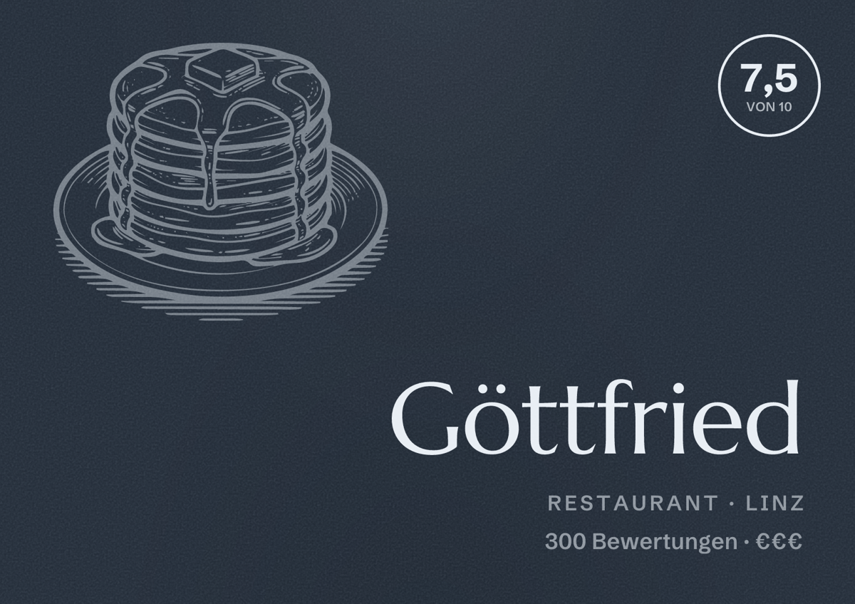 Illustriertes Poster von Göttfried, Restaurant in Linz: Bewertung 7,5 von 10 aus 300 Bewertungen, Preisniveau €€€