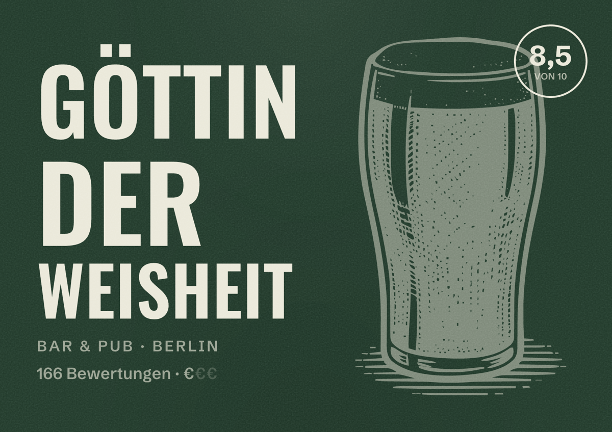 Illustriertes Poster von Göttin der Weisheit, Bar & Pub in Berlin: Bewertung 8,5 von 10 aus 166 Bewertungen, Preisniveau €