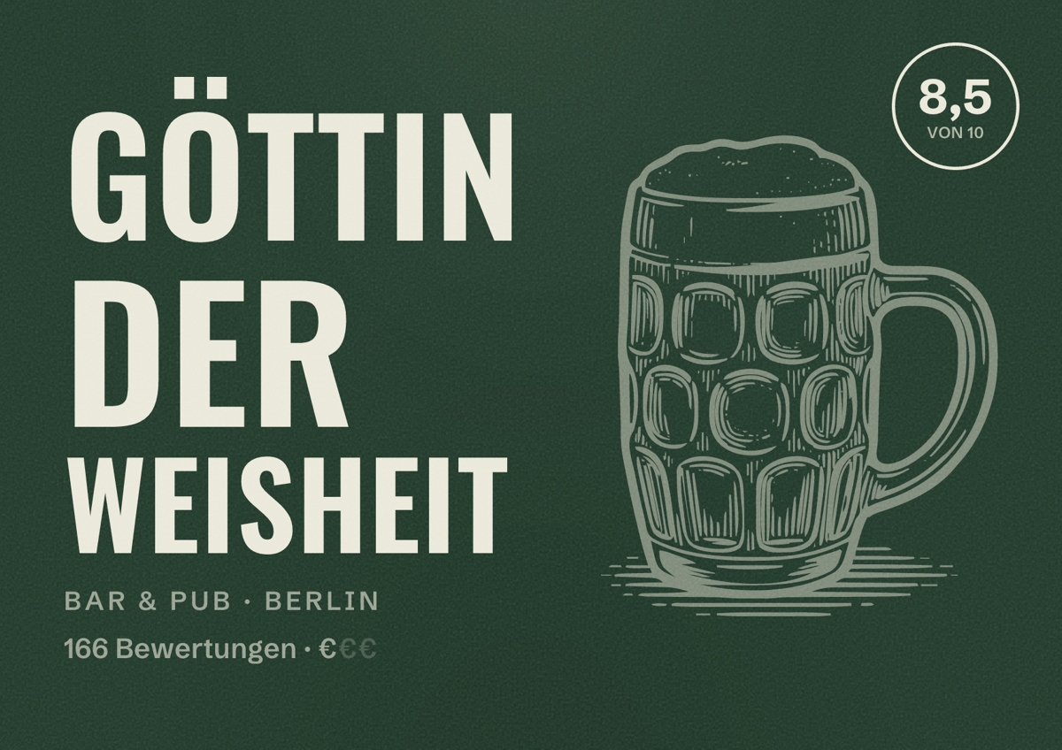 Illustriertes Poster von Göttin der Weisheit, Bar & Pub in Berlin: Bewertung 8,5 von 10 aus 166 Bewertungen, Preisniveau €