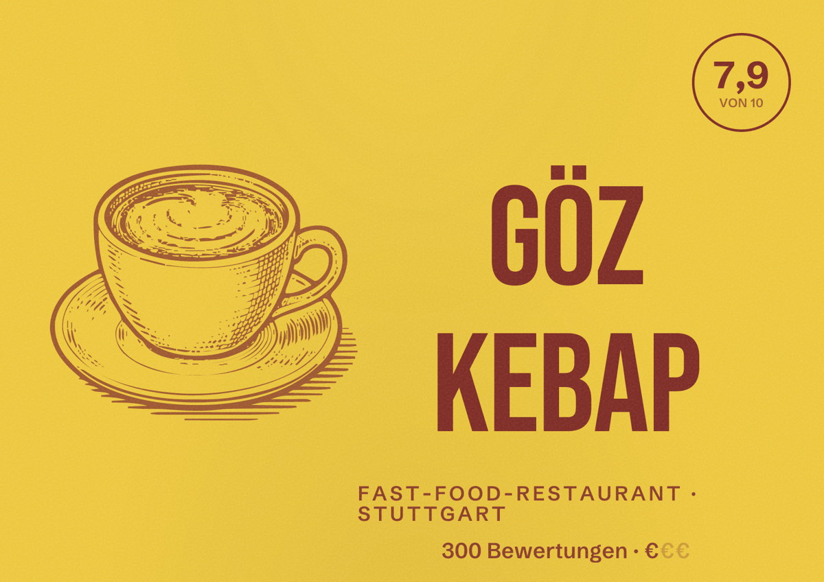 Illustriertes Poster von Göz Kebap, Fast-Food-Restaurant in Stuttgart: Bewertung 7,9 von 10 aus 300 Bewertungen, Preisniveau €