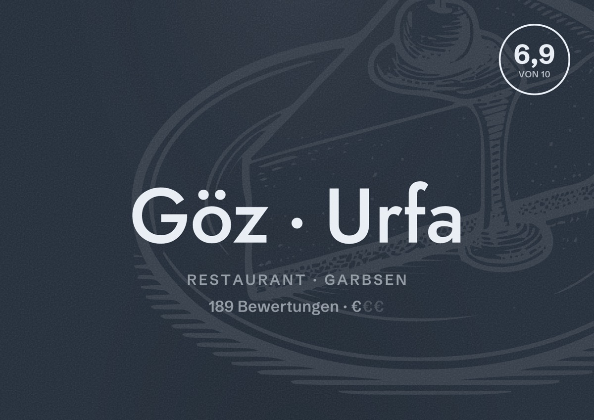 Illustriertes Poster von Göz Urfa, Restaurant in Garbsen: Bewertung 6,9 von 10 aus 189 Bewertungen, Preisniveau €