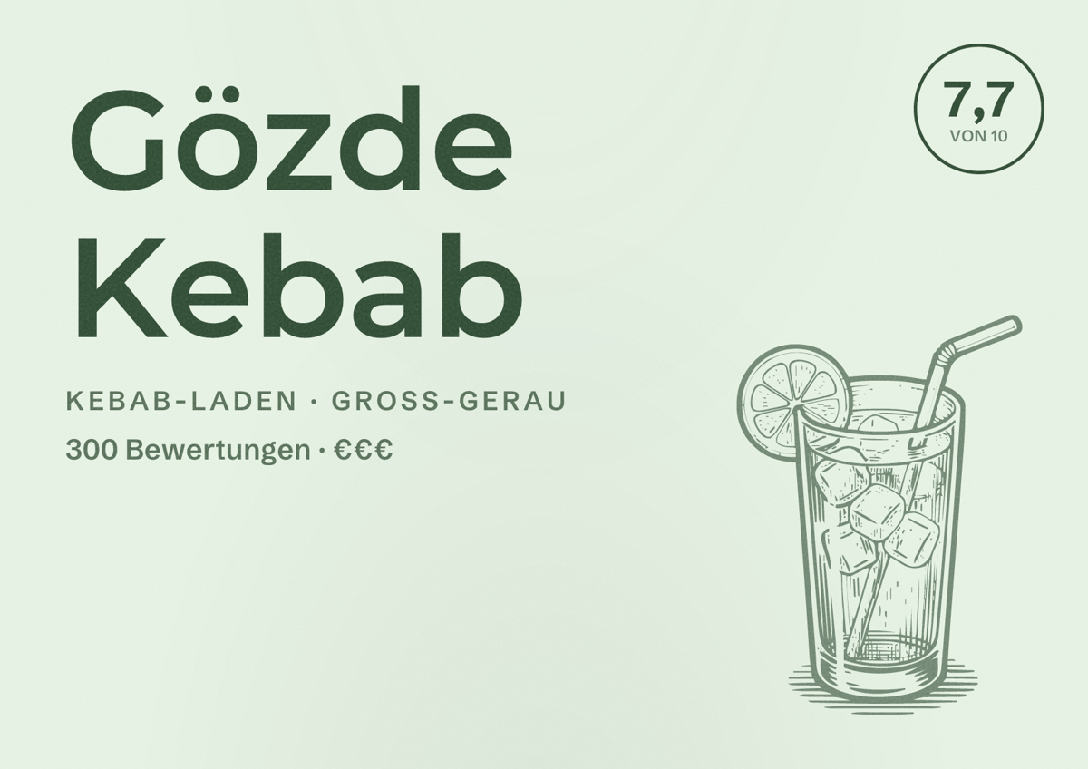 Illustriertes Poster von Gözde Kebab, Kebab-Laden in Groß-Gerau: Bewertung 7,7 von 10 aus 300 Bewertungen, Preisniveau €€€
