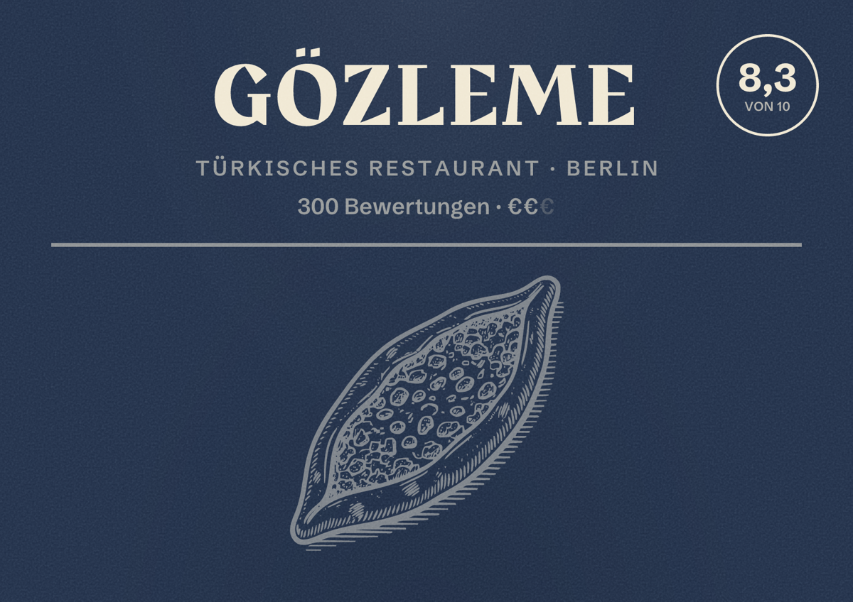 Illustriertes Poster von Gözleme, Türkisches Restaurant in Berlin: Bewertung 8,3 von 10 aus 300 Bewertungen, Preisniveau €€