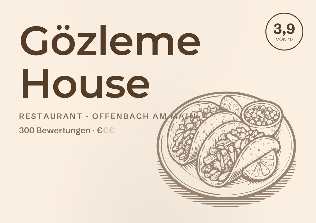 Illustriertes Poster von Gözleme House, Restaurant in Offenbach am Main: Bewertung 3,9 von 10 aus 300 Bewertungen, Preisniveau €