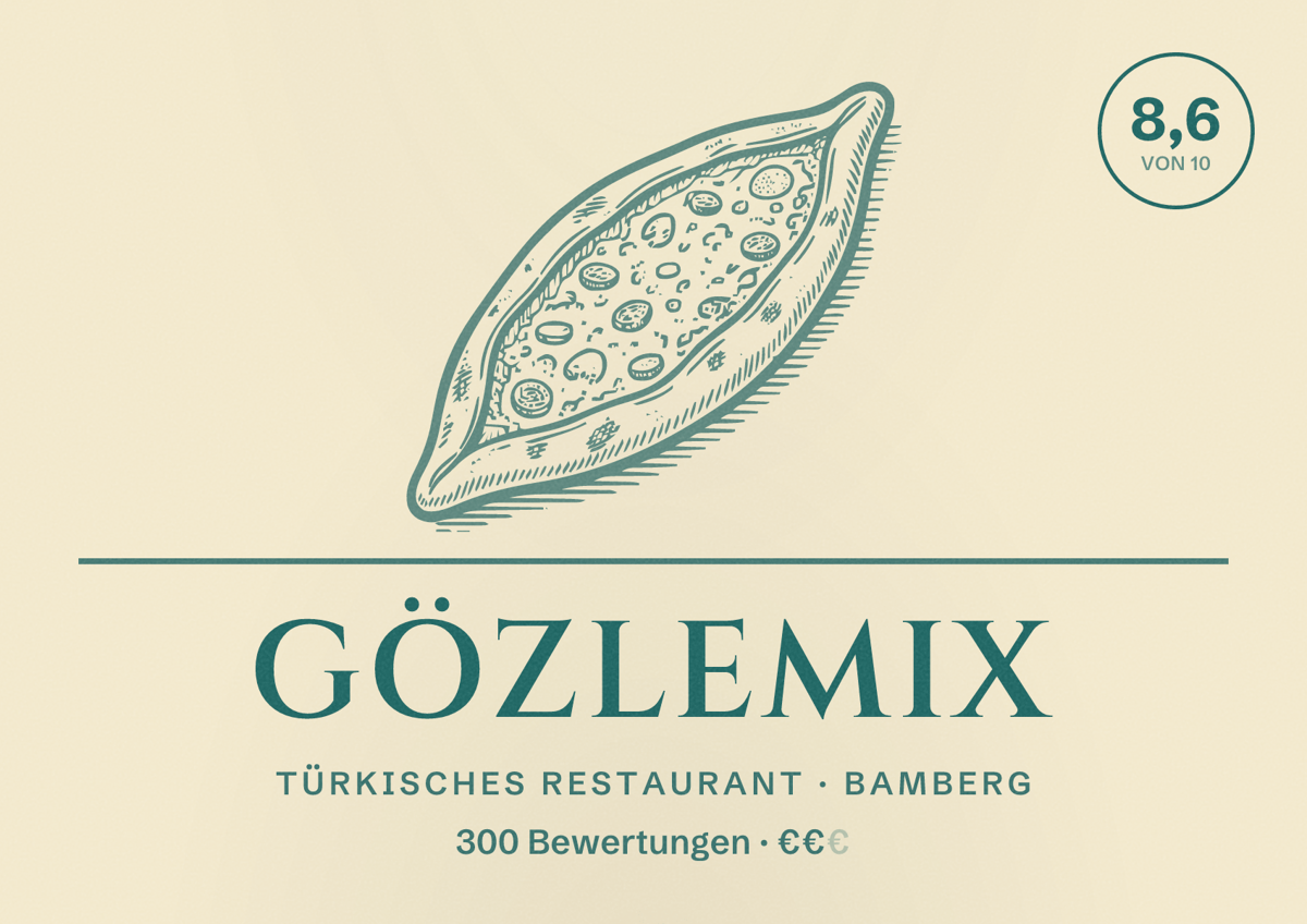 Illustriertes Poster von Gözlemix, Türkisches Restaurant in Bamberg: Bewertung 8,6 von 10 aus 300 Bewertungen, Preisniveau €€