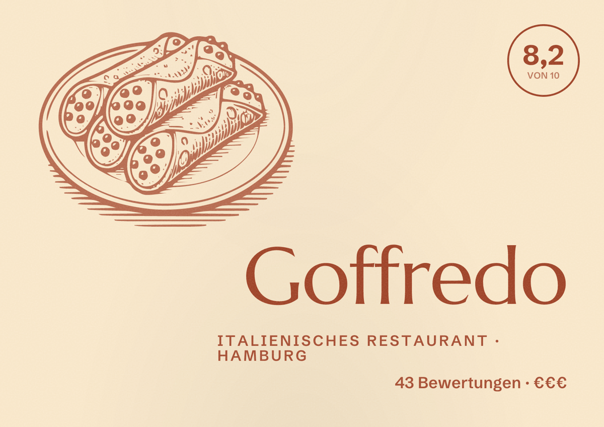 Illustriertes Poster von Goffredo, Italienisches Restaurant in Hamburg: Bewertung 8,2 von 10 aus 43 Bewertungen, Preisniveau €€€