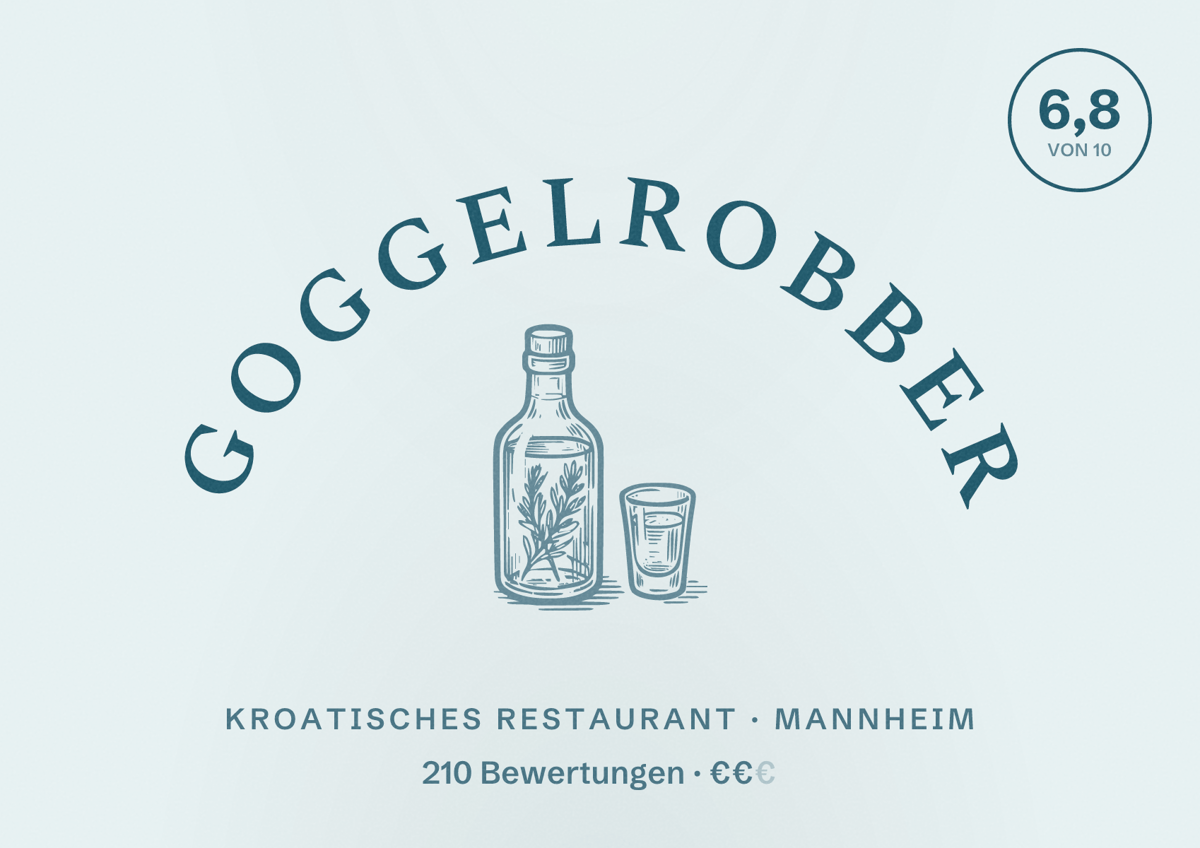 Illustriertes Poster von Goggelrobber, Kroatisches Restaurant in Mannheim: Bewertung 6,8 von 10 aus 210 Bewertungen, Preisniveau €€