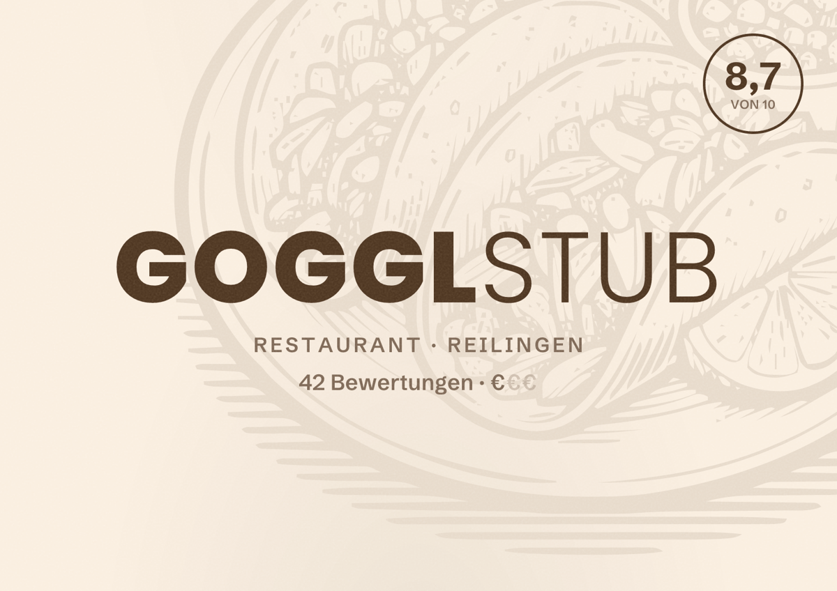 Illustriertes Poster von Gogglstub, Restaurant in Reilingen: Bewertung 8,7 von 10 aus 42 Bewertungen, Preisniveau €