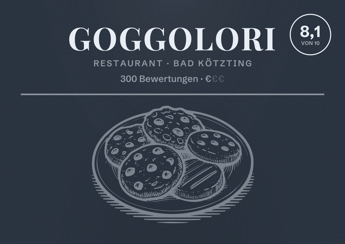Illustriertes Poster von Goggolori, Restaurant in Bad Kötzting: Bewertung 8,1 von 10 aus 300 Bewertungen, Preisniveau €