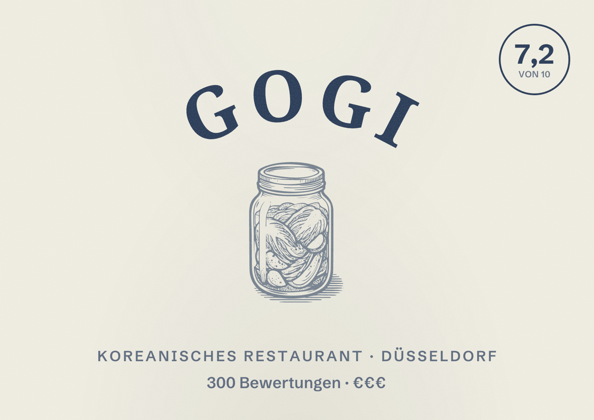 Illustriertes Poster von Gogi, Koreanisches Restaurant in Düsseldorf: Bewertung 7,2 von 10 aus 300 Bewertungen, Preisniveau €€€