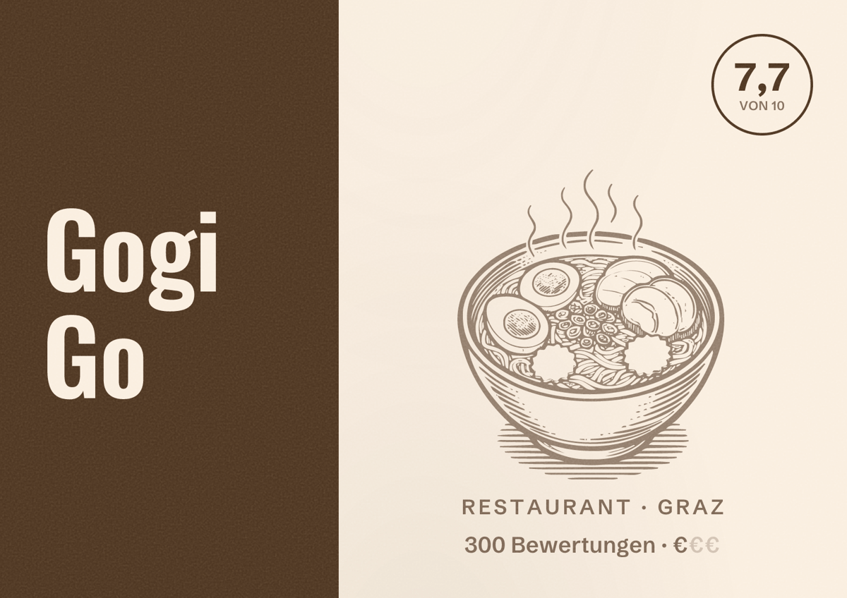 Illustriertes Poster von Gogi Go, Restaurant in Graz: Bewertung 7,7 von 10 aus 300 Bewertungen, Preisniveau €
