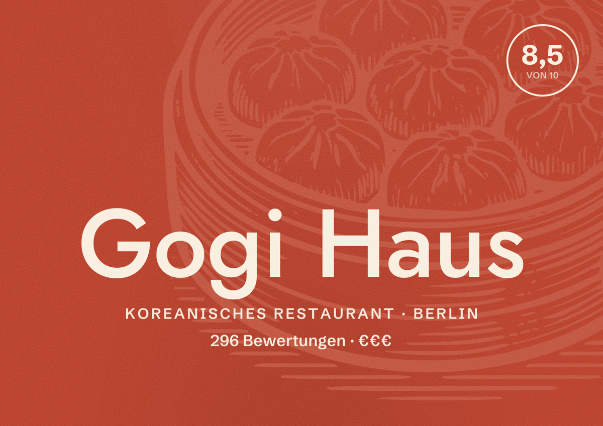 Illustriertes Poster von Gogi Haus, Koreanisches Restaurant in Berlin: Bewertung 8,5 von 10 aus 296 Bewertungen, Preisniveau €€€
