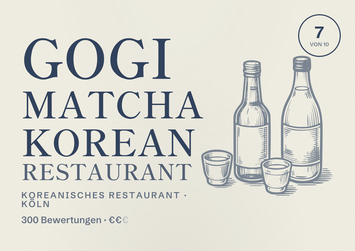 Illustriertes Poster von Gogi Matcha Korean Restaurant, Koreanisches Restaurant in Köln: Bewertung 7,0 von 10 aus 300 Bewertungen, Preisniveau €€